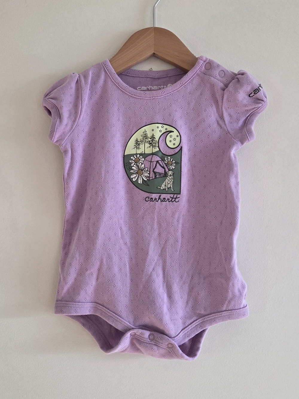Carhartt Lavender Baby One-Piece Bodysuit with Camping Graphic